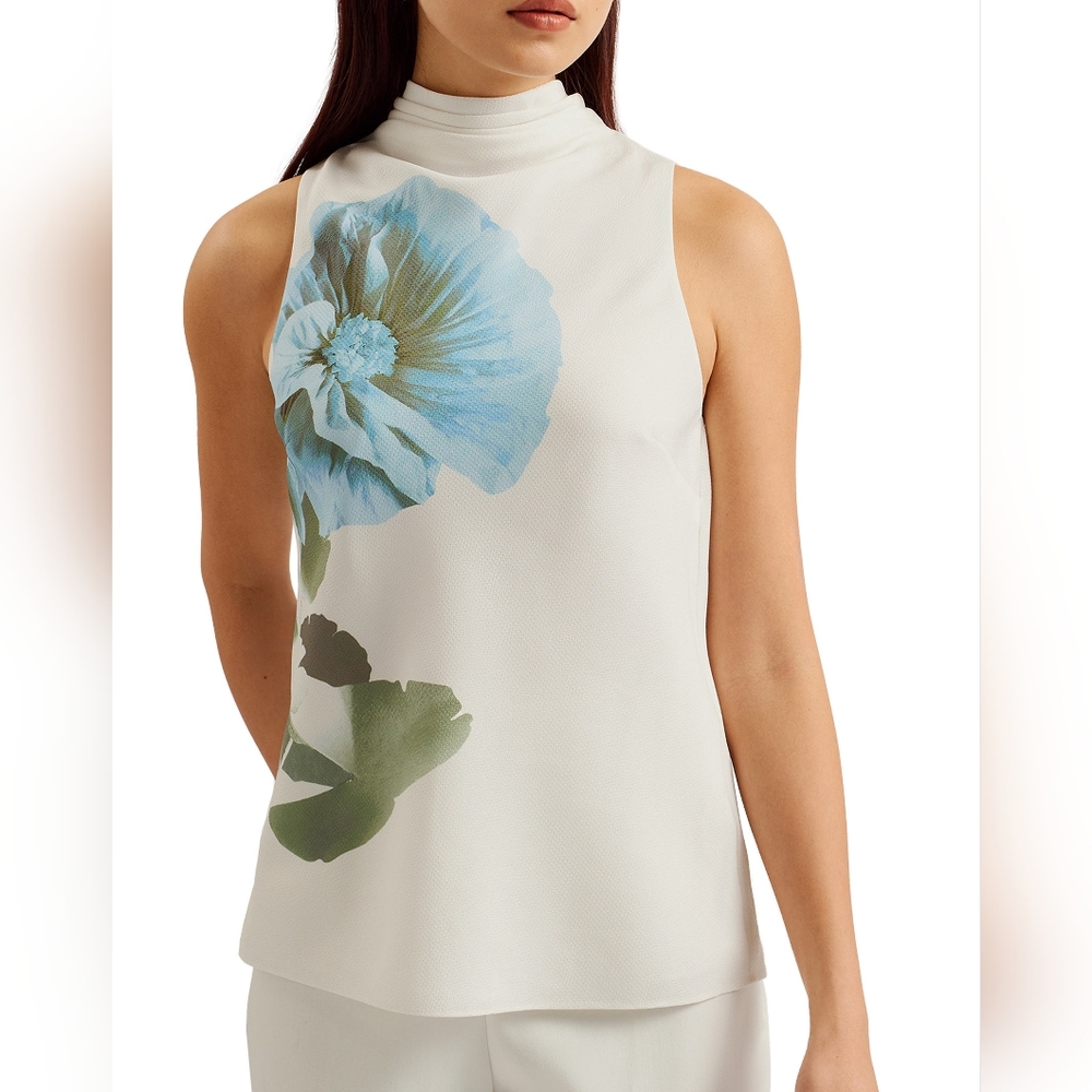Sleeveless Mock Neck Floral Print Shell Top - White with Blue Flower